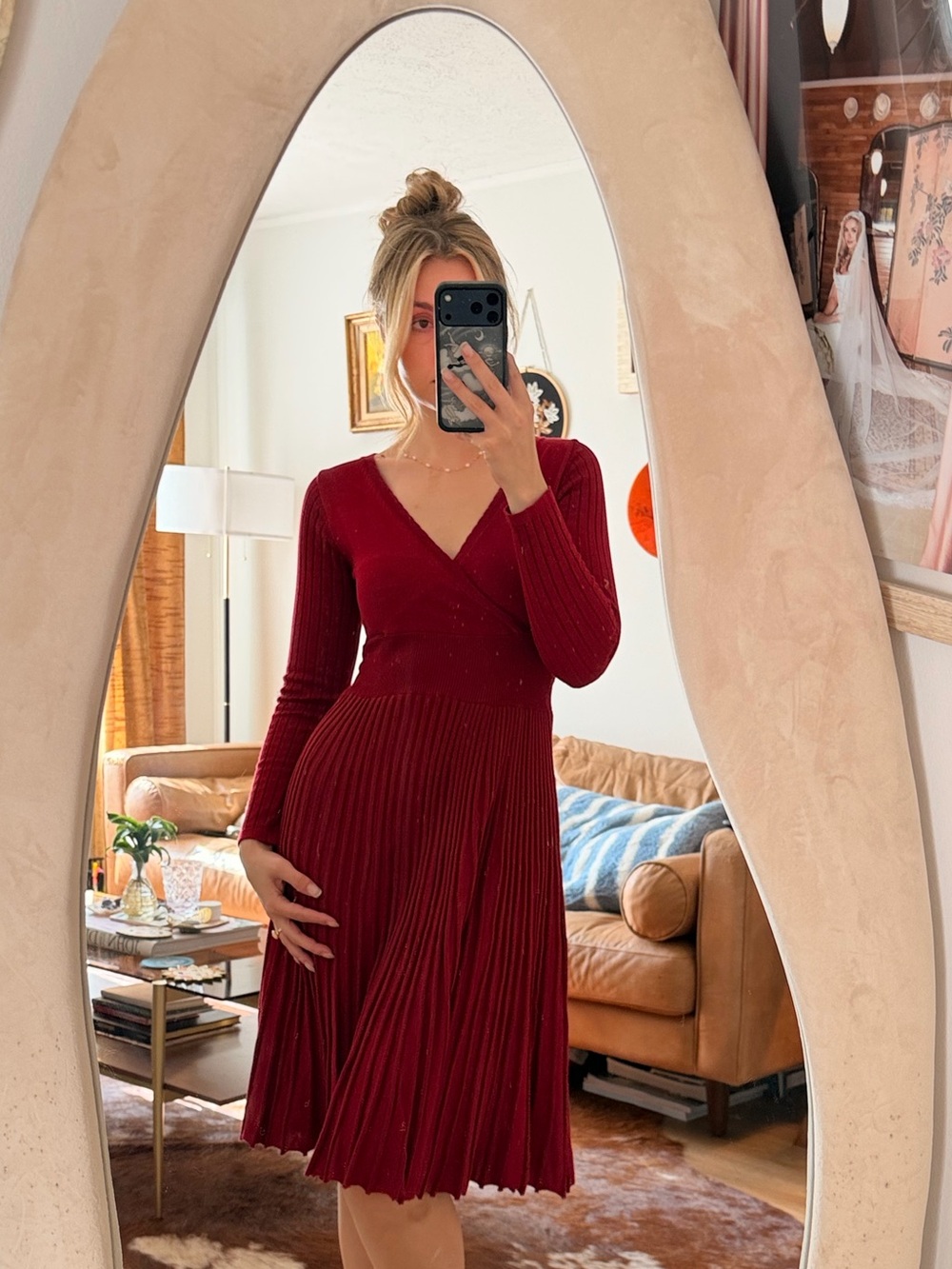 Vintage Red Wrap Pleated Long-Sleeve Dress
